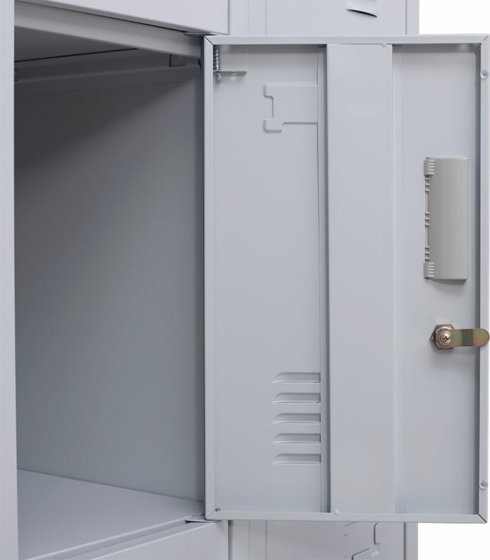 Light grey 12-door locker with standard locks, designed for office and gym use, featuring built-in ventilation and durable steel construction.