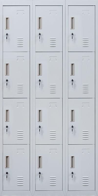 Light grey 12-door locker with standard locks, designed for office and gym use, featuring built-in ventilation and durable steel construction.