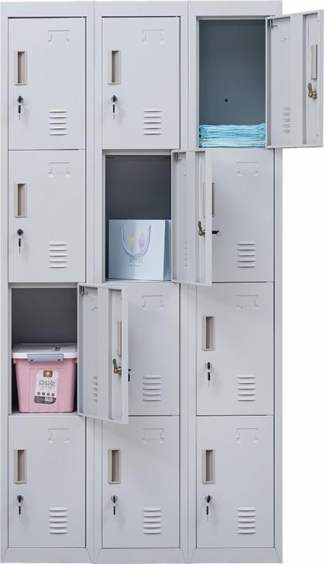 Light grey 12-door locker with standard locks, designed for office and gym use, featuring built-in ventilation and durable steel construction.