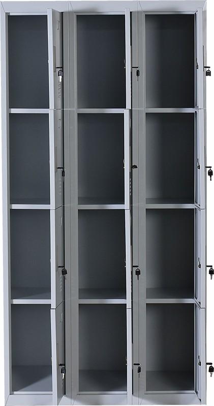 Light grey 12-door locker with standard locks, designed for office and gym use, featuring built-in ventilation and durable steel construction.