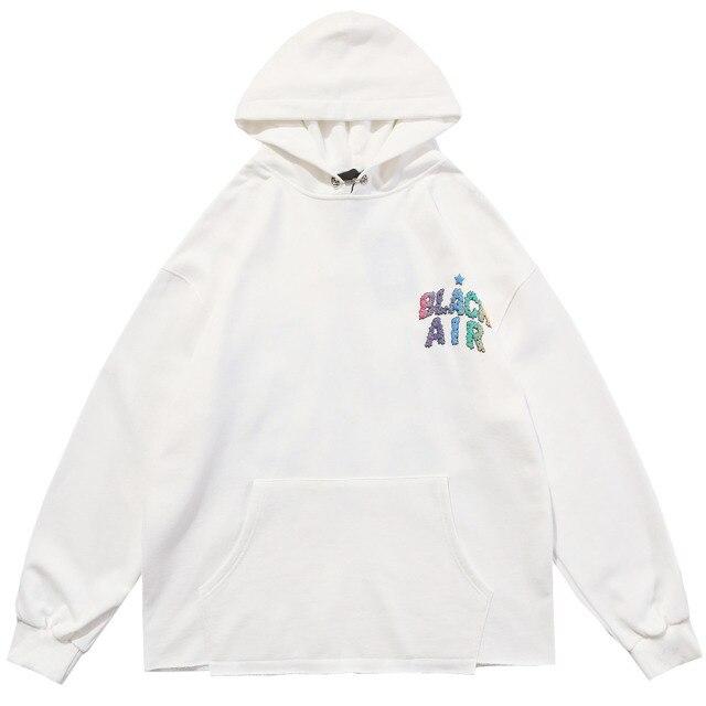 Men's Star Letter Patch Big Pockets Sweatshirt Hoodie in black and white, showcasing a trendy design with large pockets.