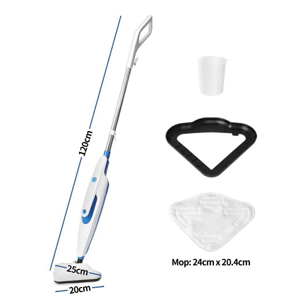Steam Mop Handheld Cleaner in blue color, showcasing its sleek design and 90-degree rotating triangle head, ideal for cleaning carpets and floors.