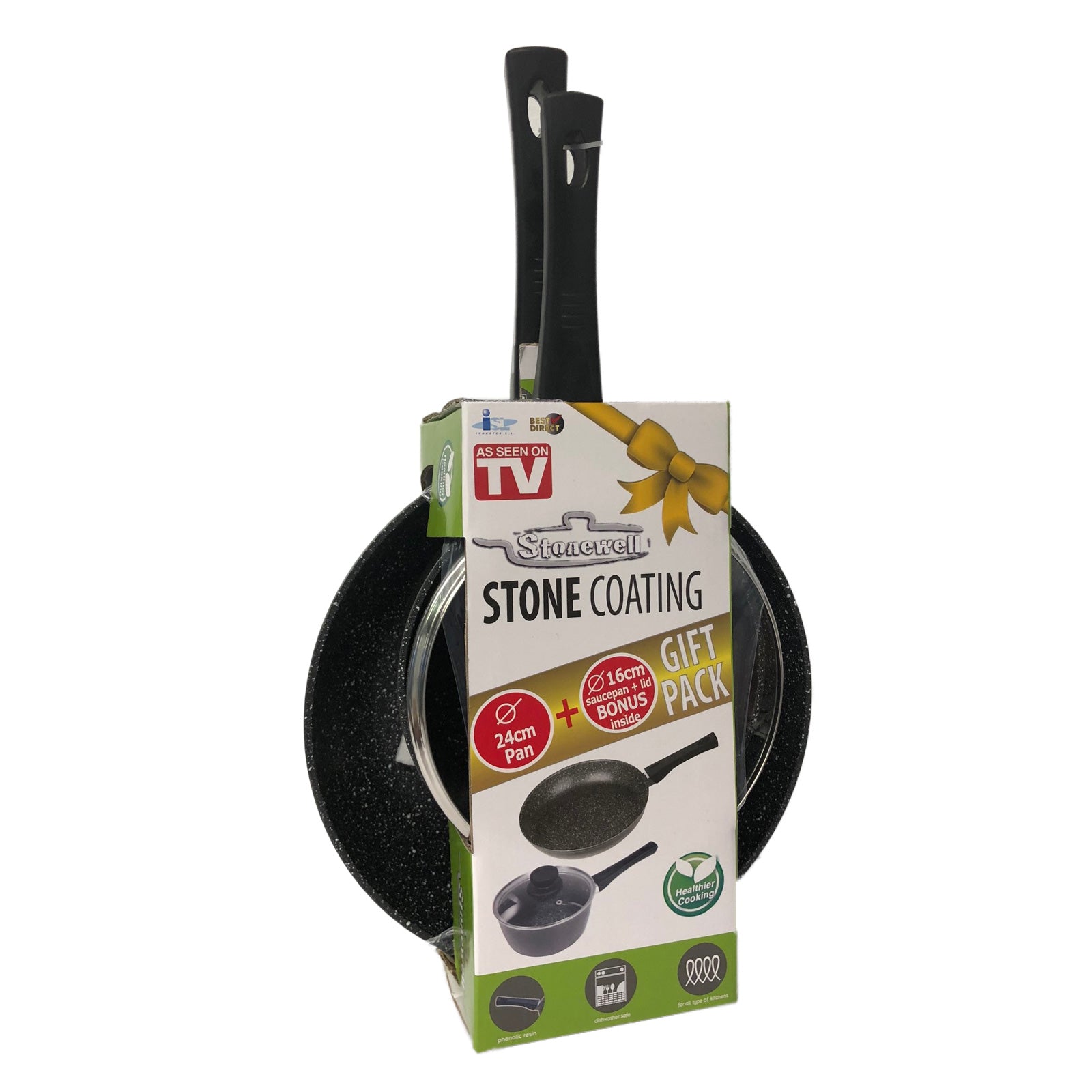 Stonewell 2 Piece Cookware Set featuring a 24cm non-stick frying pan and a 16cm pot with a glass lid, showcasing ergonomic handles and stone coating.