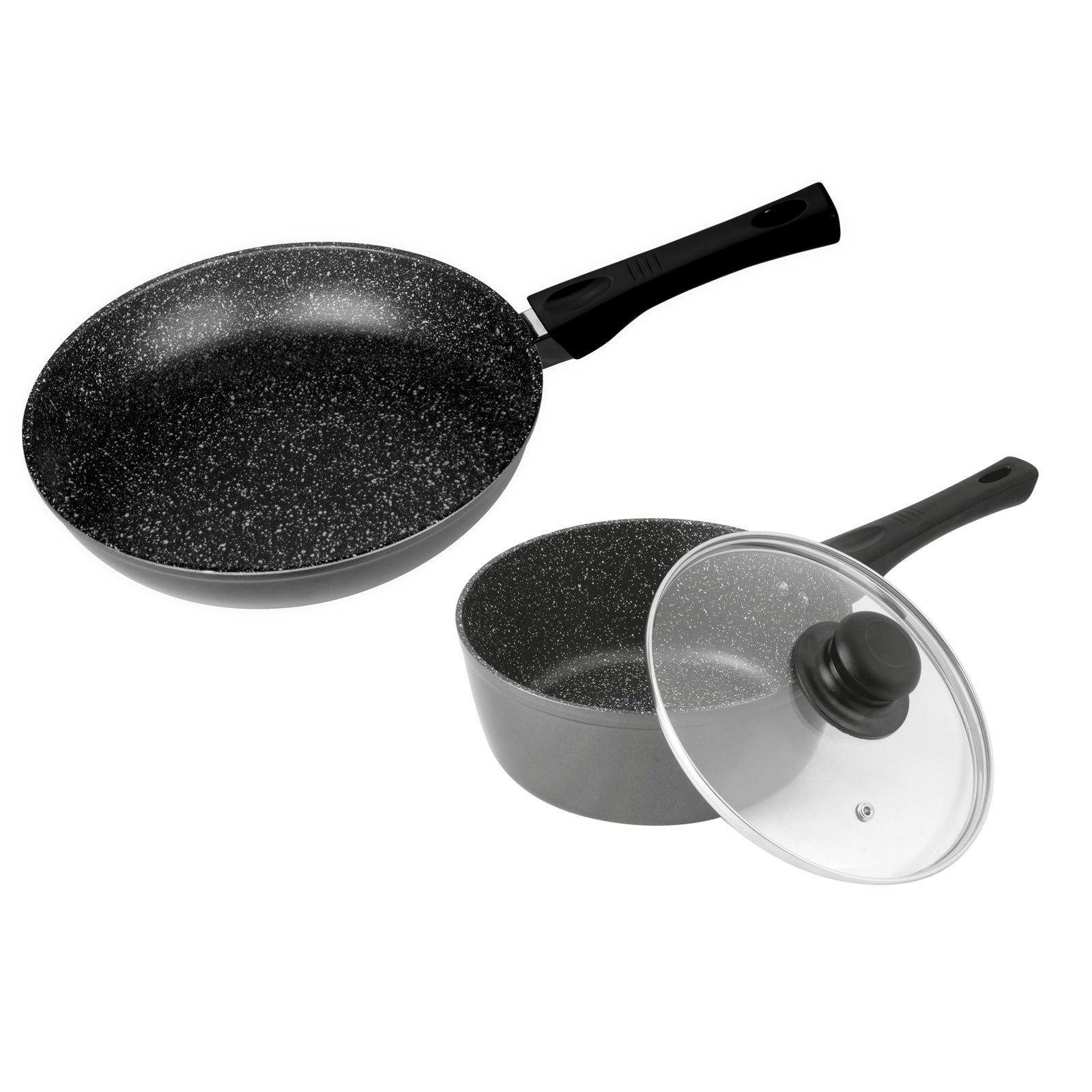 Stonewell 2 Piece Cookware Set featuring a 24cm non-stick frying pan and a 16cm pot with a glass lid, showcasing ergonomic handles and stone coating.