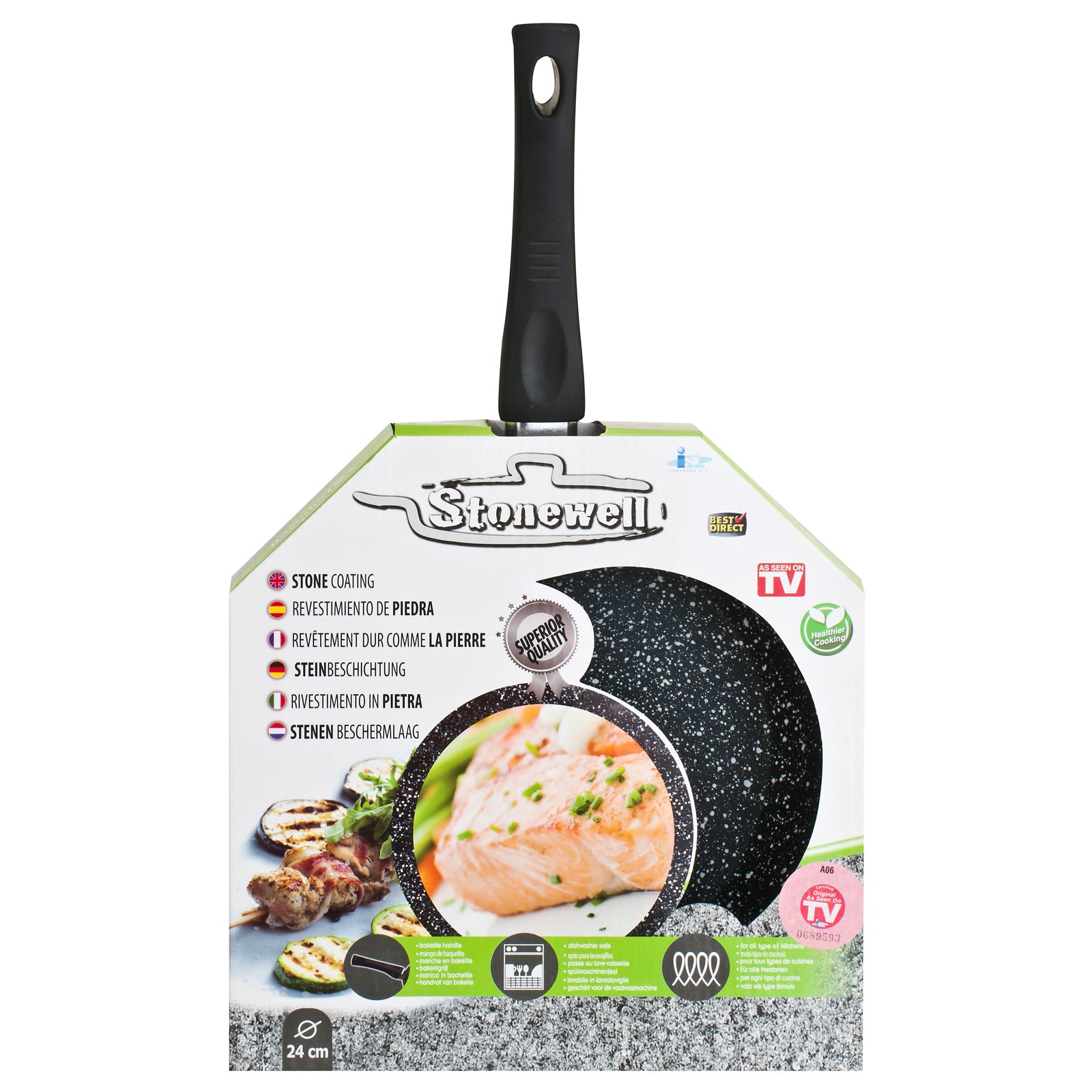 Stonewell 24cm Non-Stick Frypan in black with ergonomic handle and glass lid, showcasing its sleek design and cooking surface.