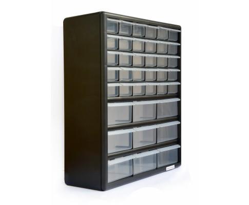 Storage Cabinet with 39 clear plastic drawers for organizing tools and small items, featuring a black cabinet design.