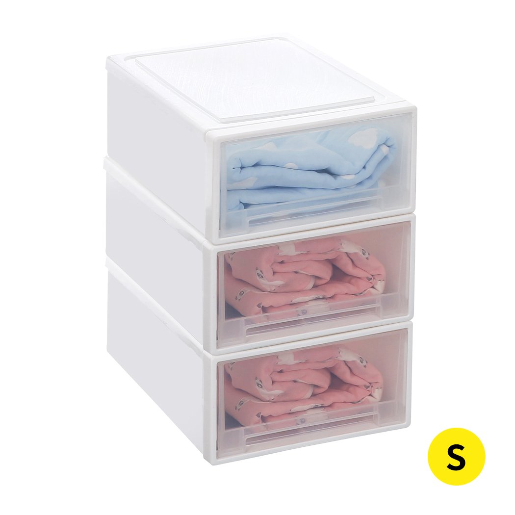 A set of four transparent storage drawers made of durable polypropylene plastic, featuring smooth sliding doors and integrated handles for easy access.