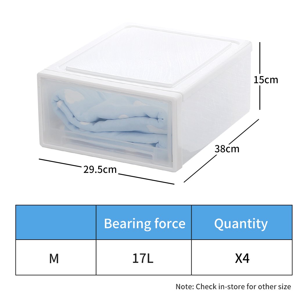A set of four transparent storage drawers stacked together, showcasing their sleek design and integrated handles for easy access.