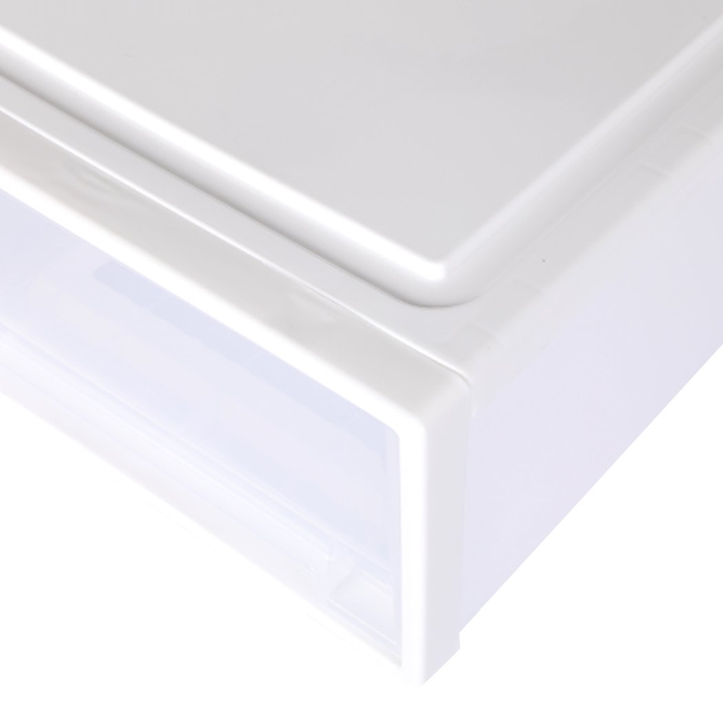 A set of four transparent storage drawers stacked together, showcasing their sleek design and integrated handles for easy access.