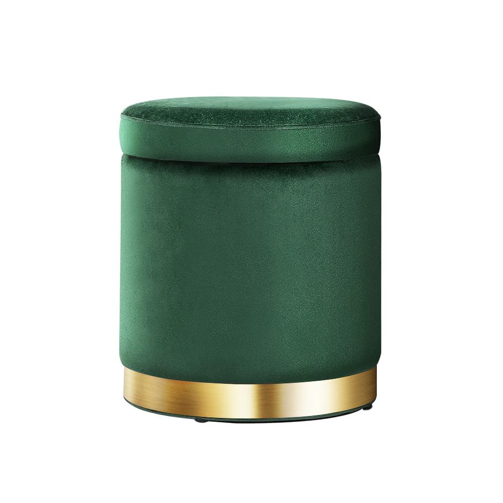 Round velvet foot stool with tufted design and gold stainless-steel rings, perfect for footrest or extra seating.