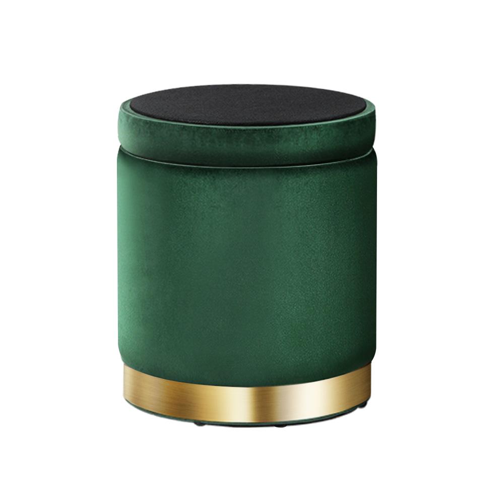 Round velvet foot stool with tufted design and gold stainless-steel rings, perfect for footrest or extra seating.
