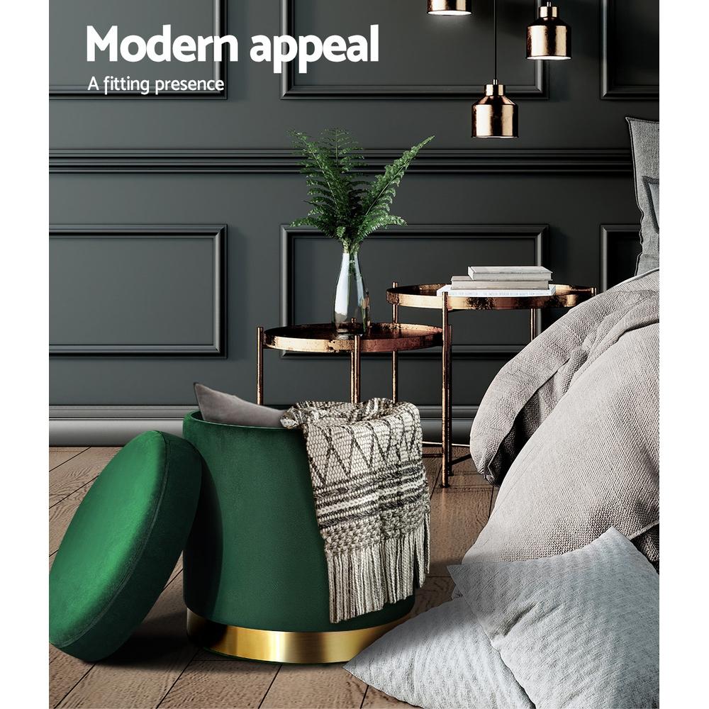 Round velvet foot stool with tufted design and gold stainless-steel rings, perfect for footrest or extra seating.