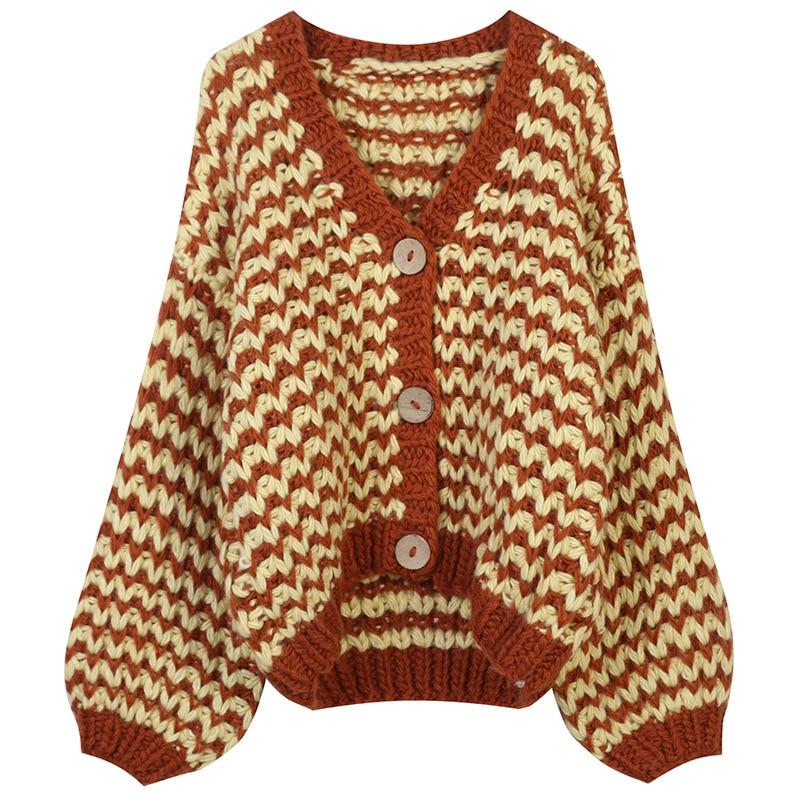 A stylish striped cardigan sweater for women featuring lantern sleeves and a V-neck, perfect for casual autumn and winter wear.