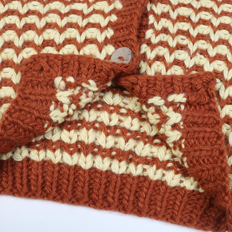 A stylish striped cardigan sweater for women featuring lantern sleeves and a V-neck, perfect for casual autumn and winter wear.