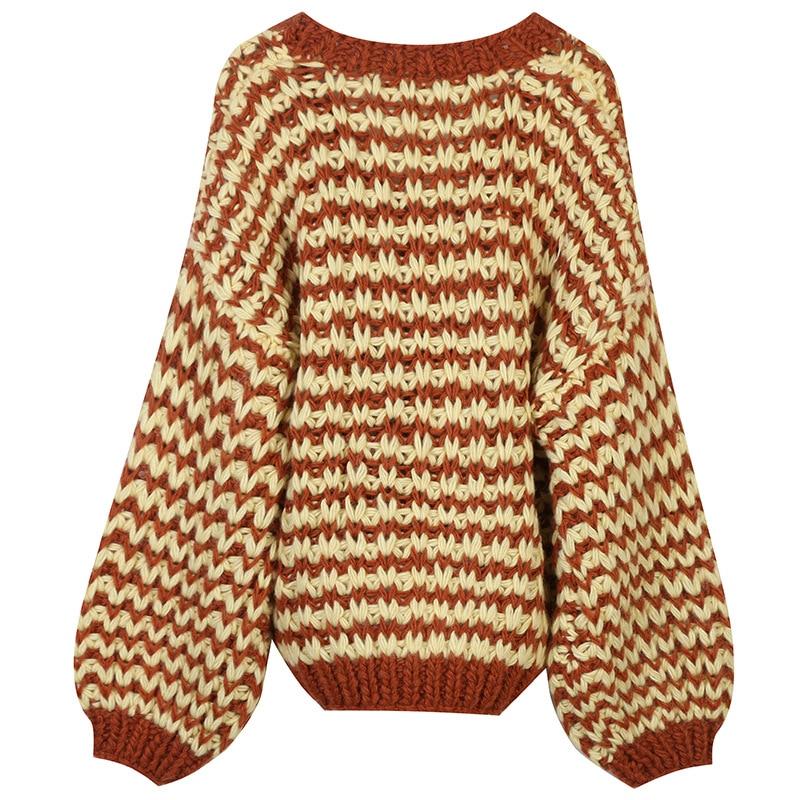 A stylish striped cardigan sweater for women featuring lantern sleeves and a V-neck, perfect for casual autumn and winter wear.