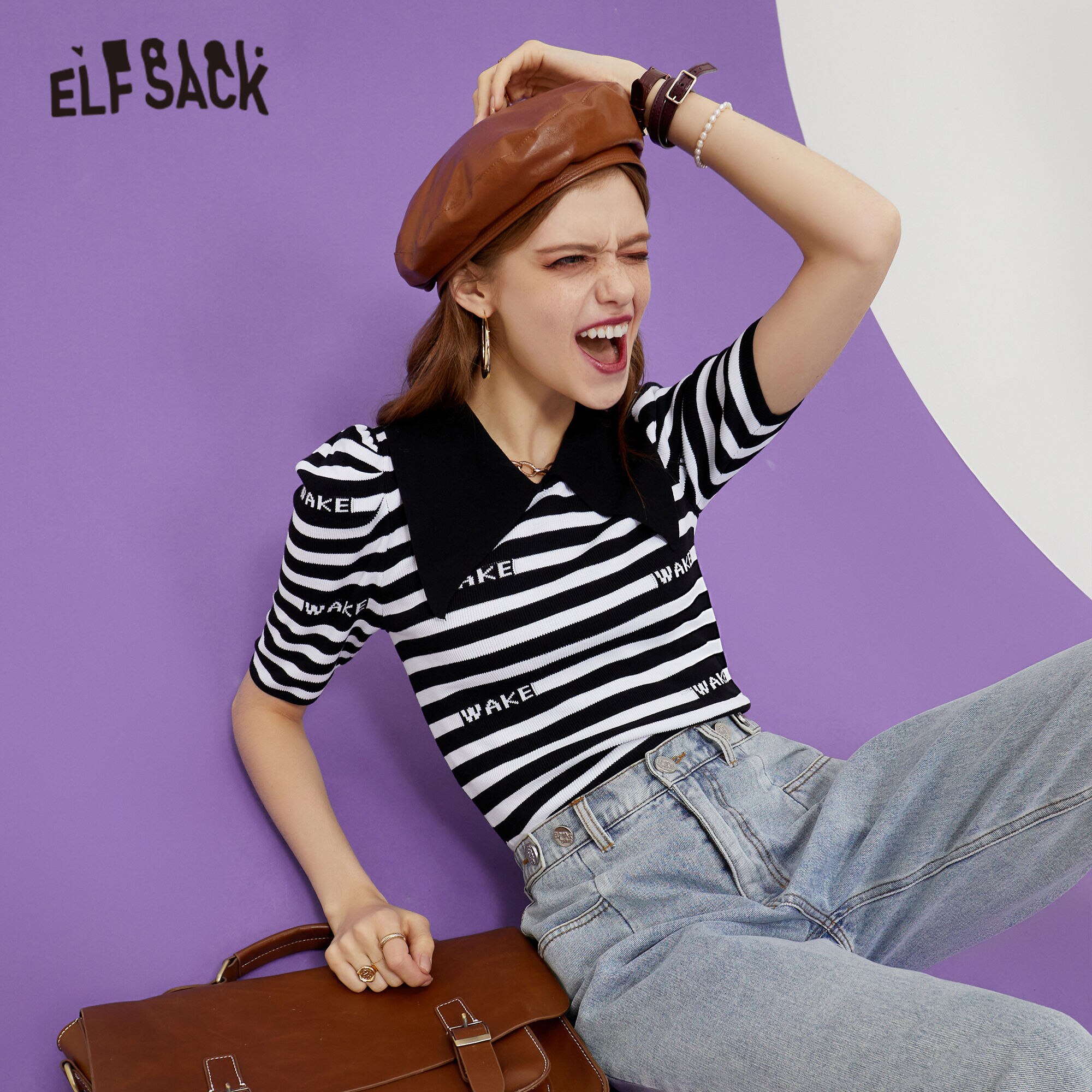 Striped Letter Women Casual Knit Pullover Sweater in vintage colorblock design, featuring half sleeves and O-neck collar.