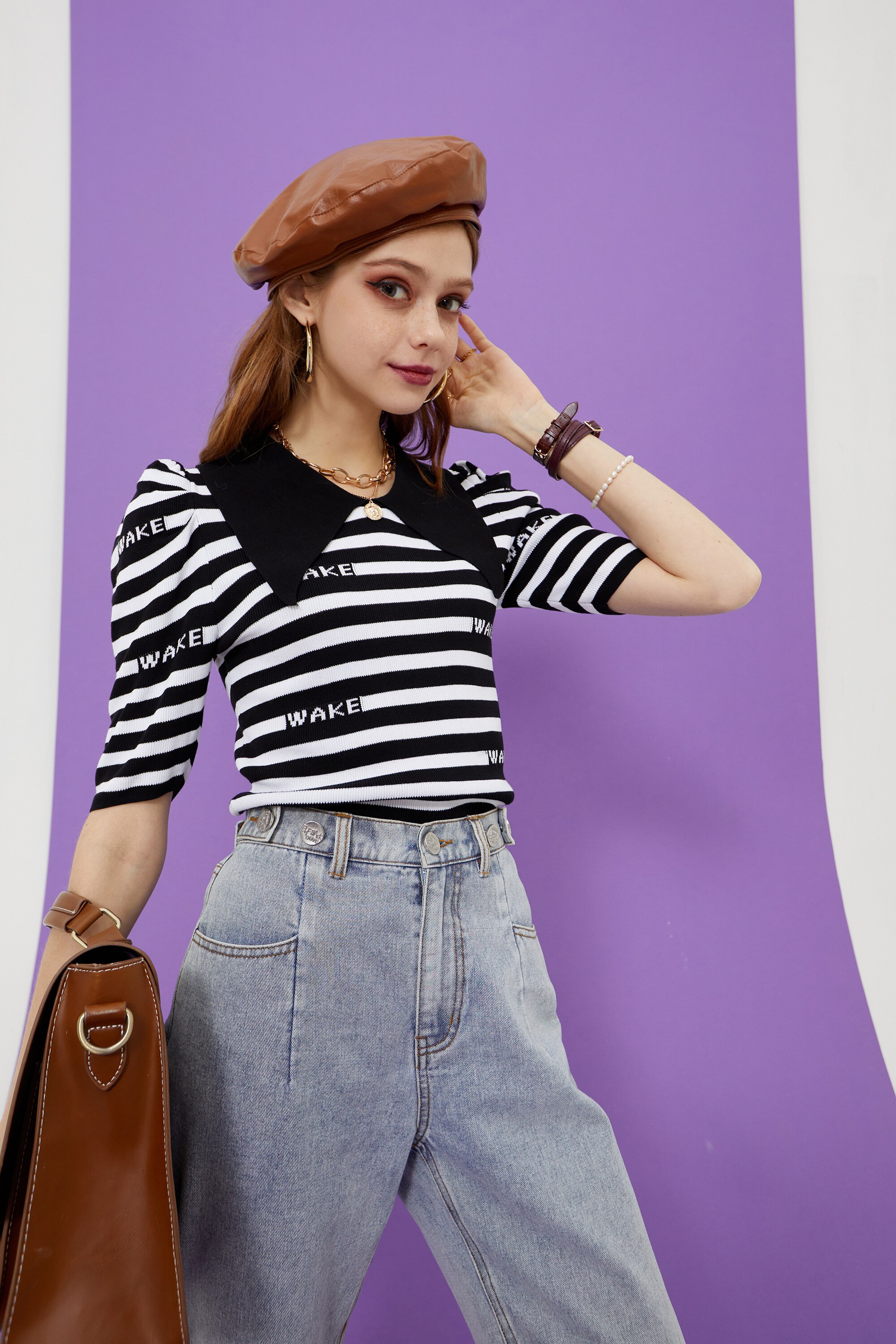 Striped Letter Women Casual Knit Pullover Sweater in vintage colorblock design, featuring half sleeves and O-neck collar.