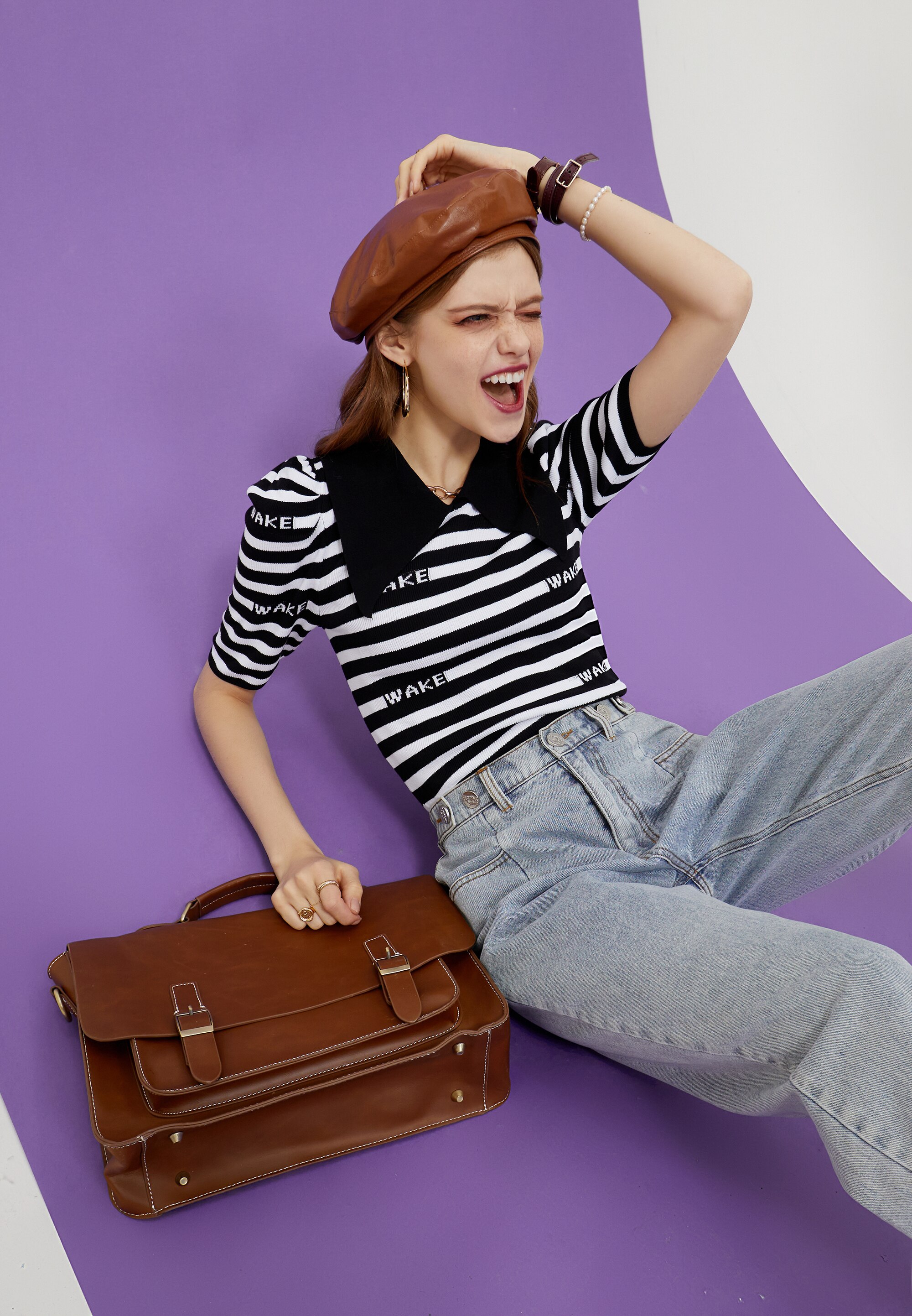 Striped Letter Women Casual Knit Pullover Sweater in vintage colorblock design, featuring half sleeves and O-neck collar.