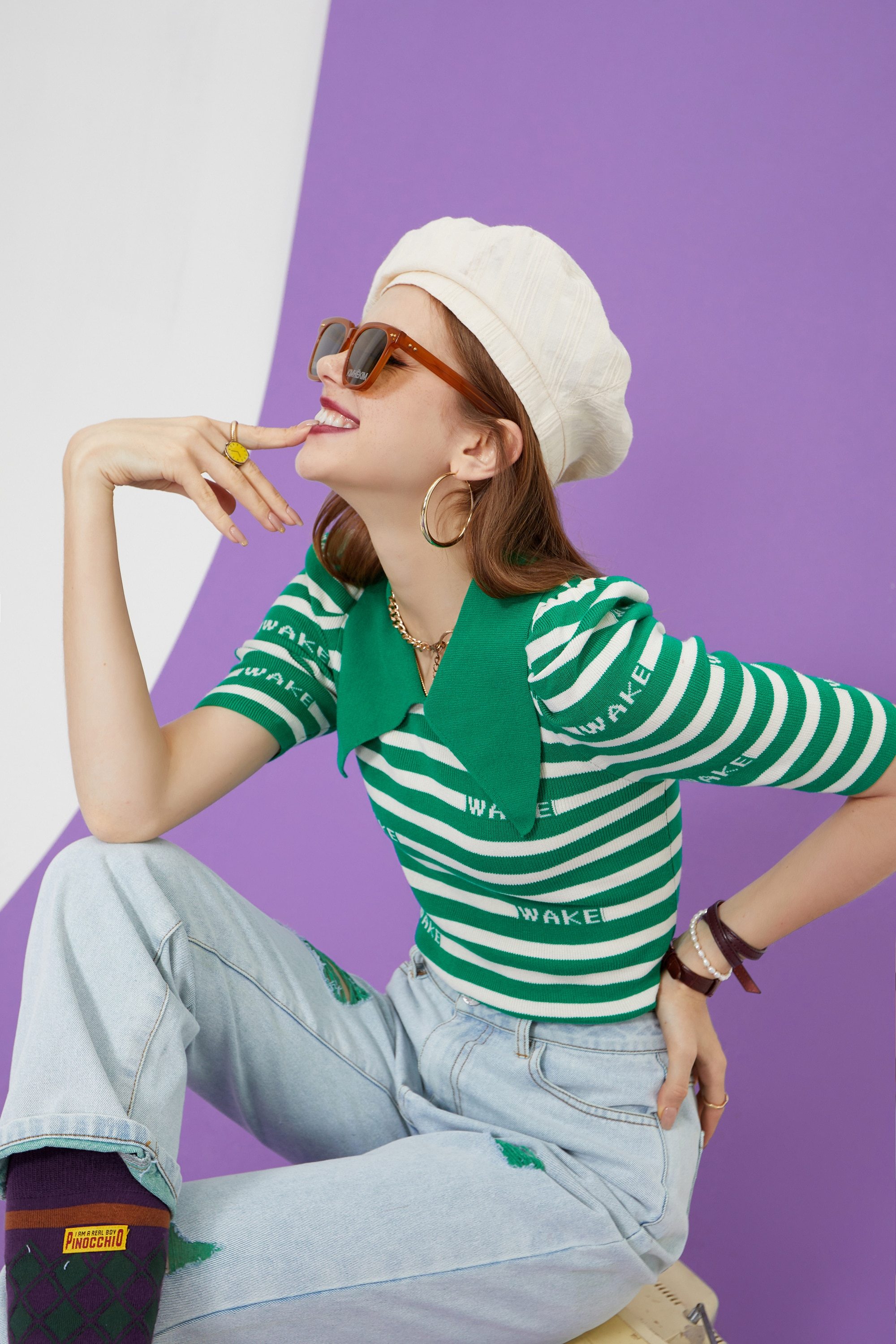 Striped Letter Women Casual Knit Pullover Sweater in vintage colorblock design, featuring half sleeves and O-neck collar.