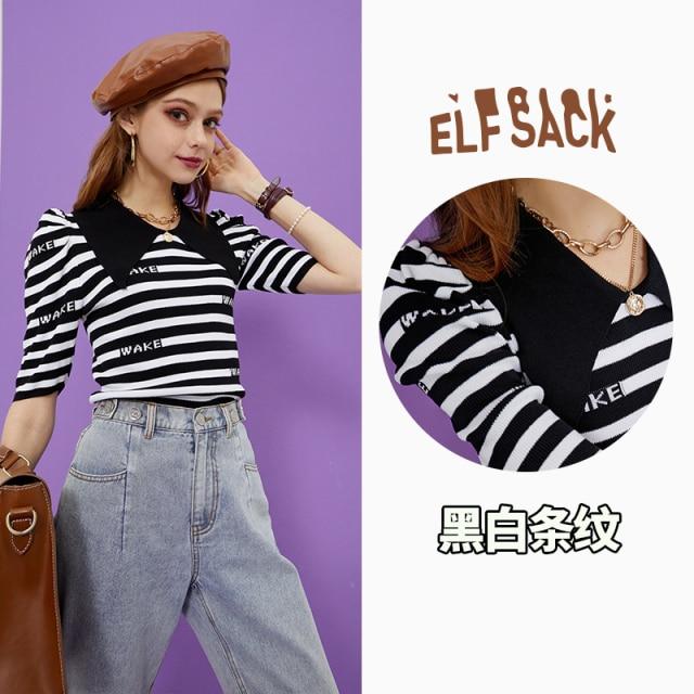 Striped Letter Women Casual Knit Pullover Sweater in vintage colorblock design, featuring half sleeves and O-neck collar.