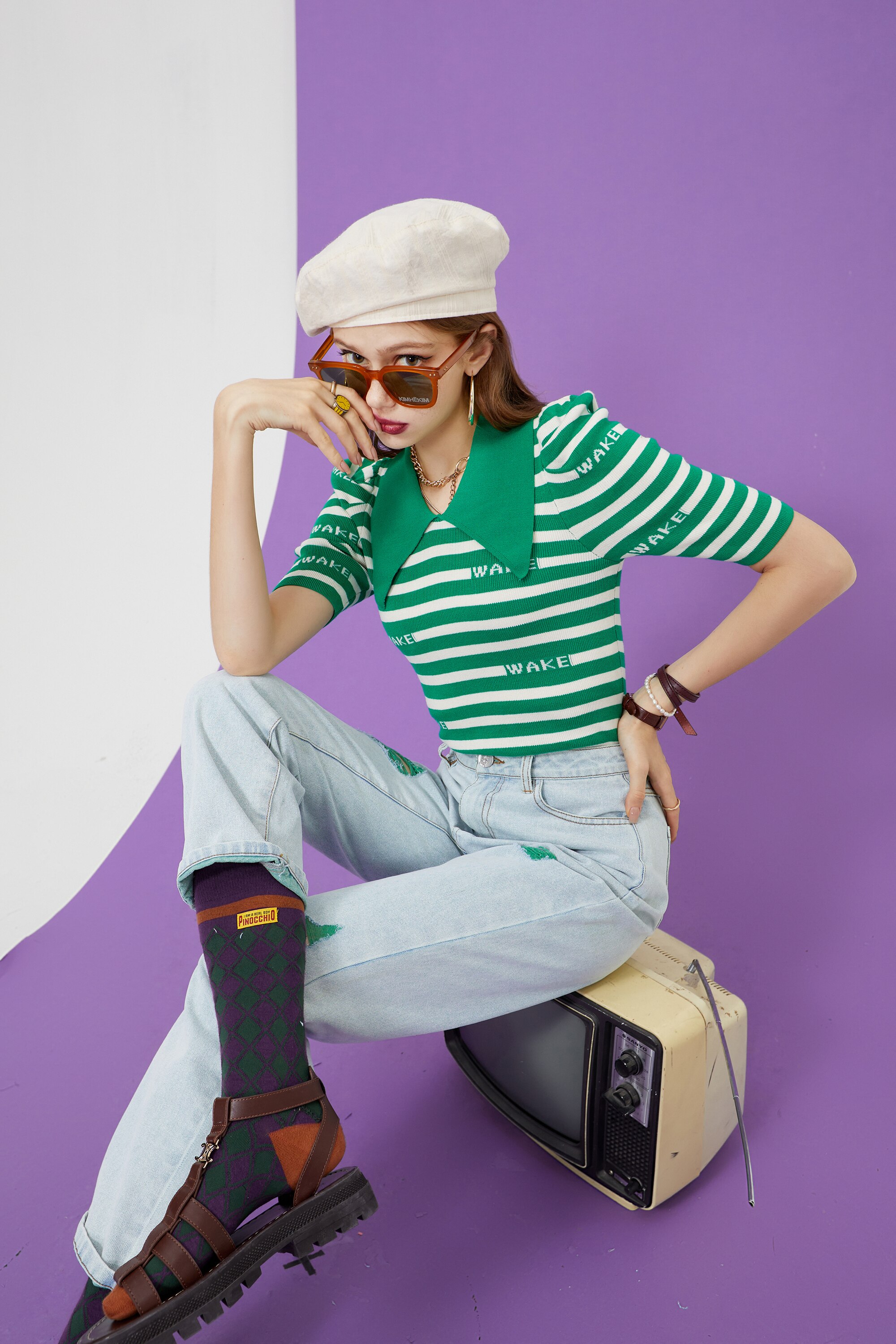 Striped Letter Women Casual Knit Pullover Sweater in vintage colorblock design, featuring half sleeves and O-neck collar.