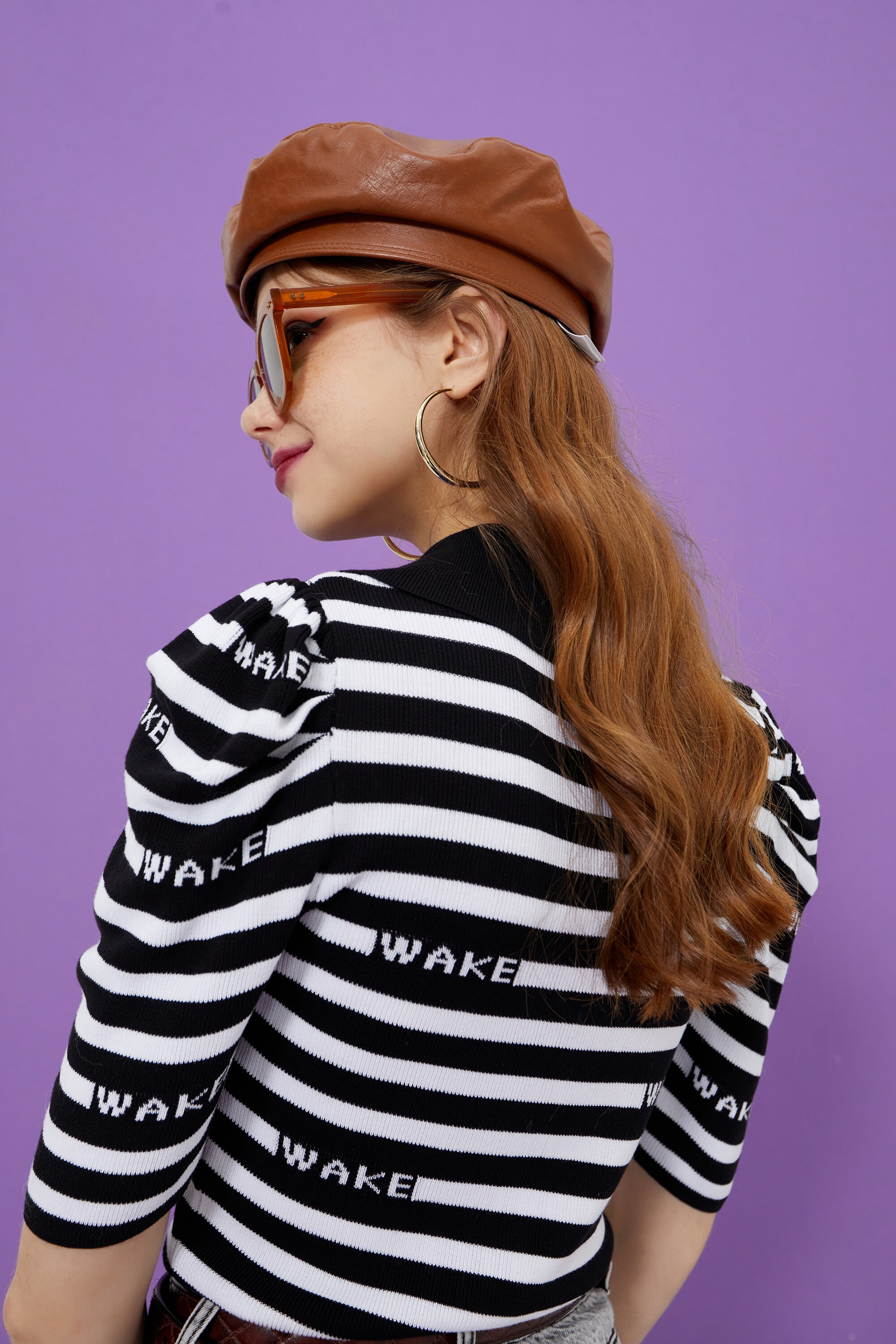 Striped Letter Women Casual Knit Pullover Sweater in vintage colorblock design, featuring half sleeves and O-neck collar.