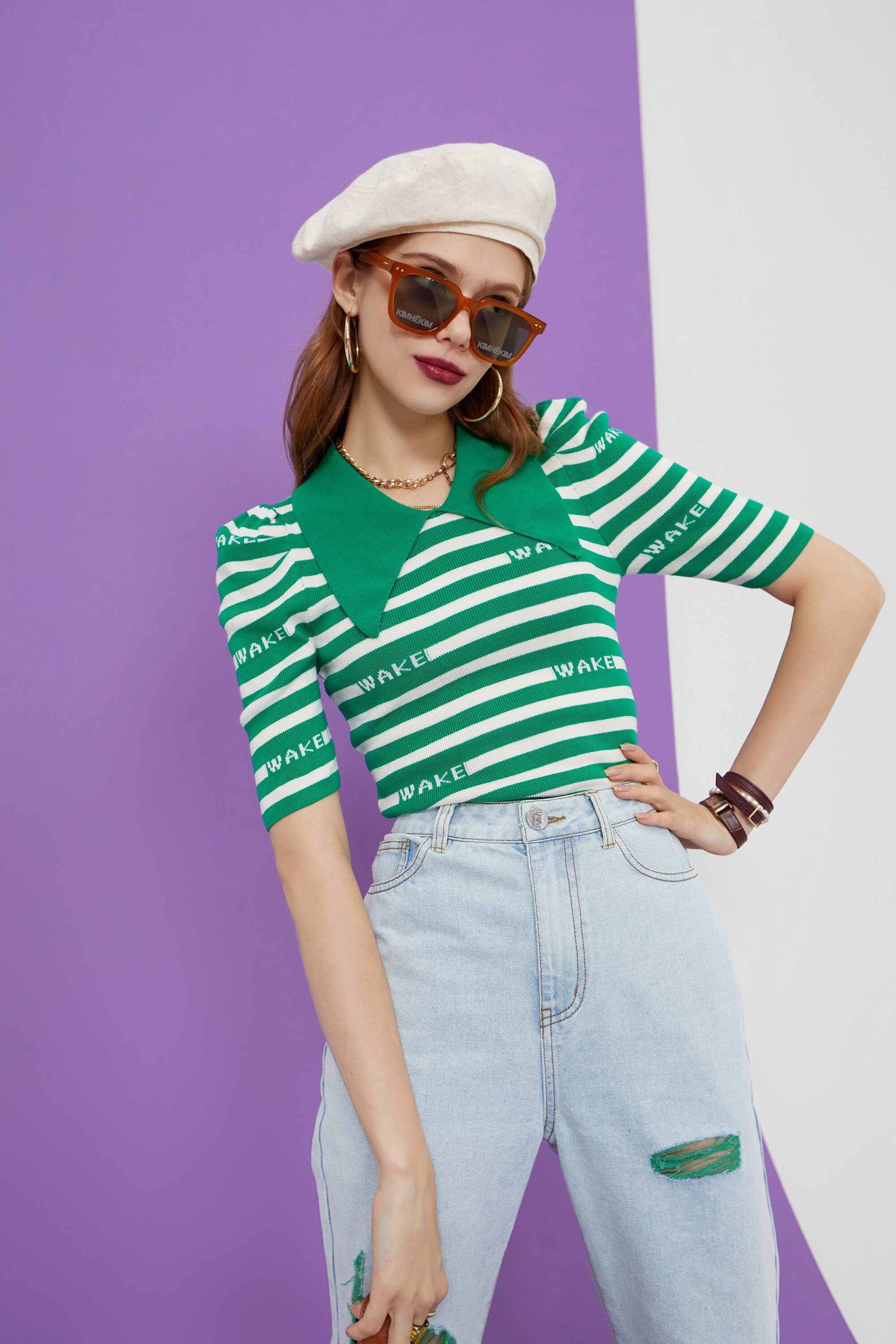Striped Letter Women Casual Knit Pullover Sweater in vintage colorblock design, featuring half sleeves and O-neck collar.