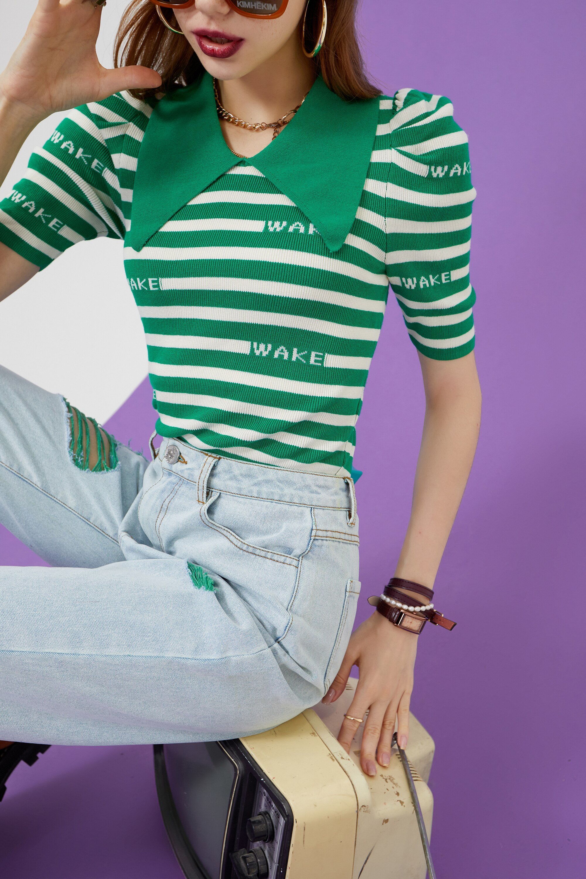 Striped Letter Women Casual Knit Pullover Sweater in vintage colorblock design, featuring half sleeves and O-neck collar.