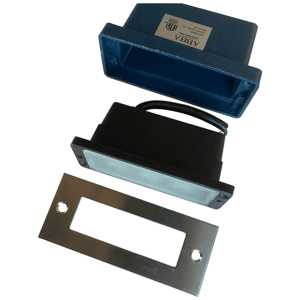 STS02 Outdoor Recessed Brick Wall Light showcasing its sleek stainless steel design, perfect for illuminating steps and stairs.