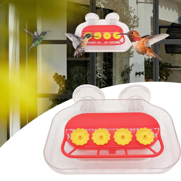Suction Cup Bird Feeder with four feeding ports, designed for window placement, featuring a vibrant red shell and transparent nectar container.