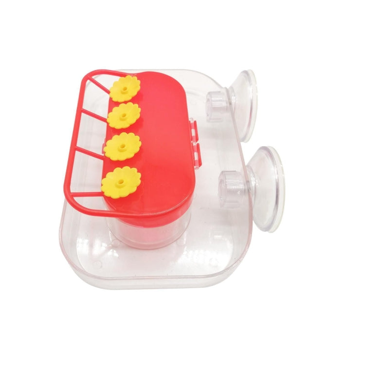 Suction Cup Bird Feeder with four feeding ports, designed for window placement, featuring a vibrant red shell and transparent nectar container.