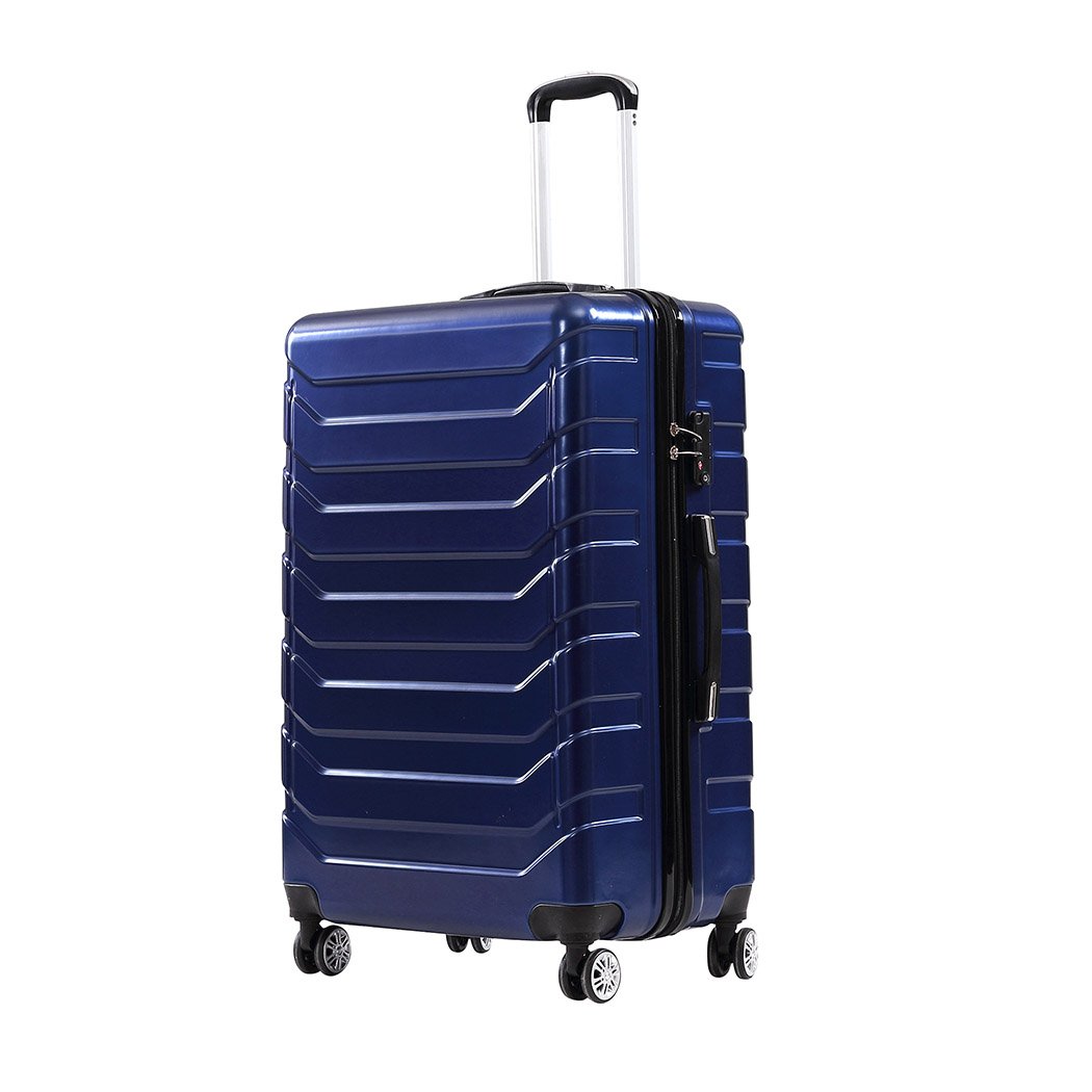 Three-piece suitcase luggage set in navy color, showcasing hard cover design and dual wheels for easy travel.