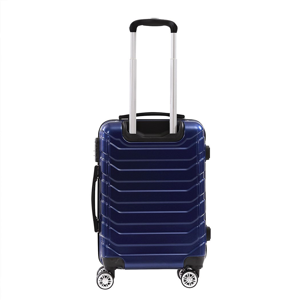Three-piece suitcase luggage set in navy color, showcasing hard cover design and dual wheels for easy travel.