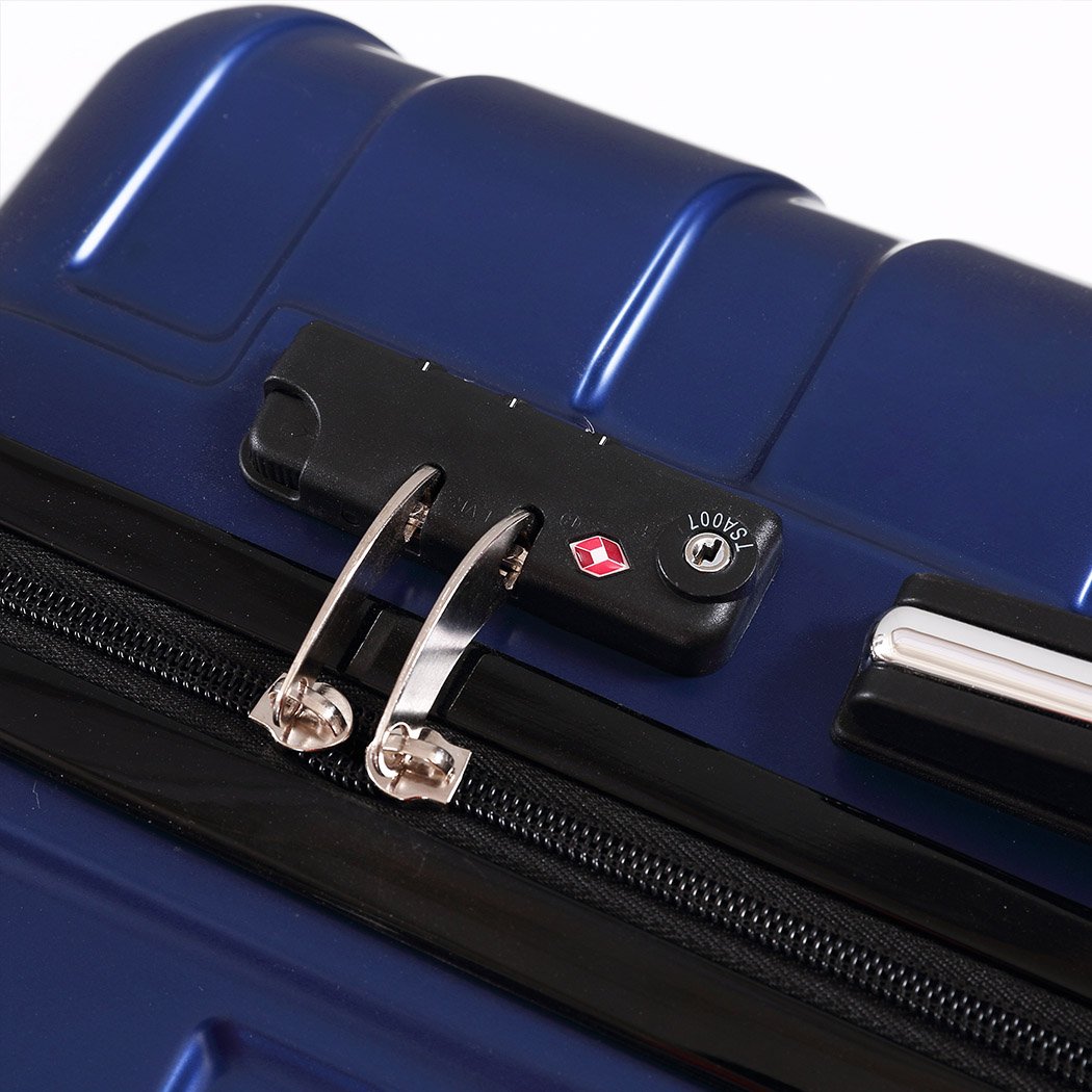 Three-piece suitcase luggage set in navy color, showcasing hard cover design and dual wheels for easy travel.