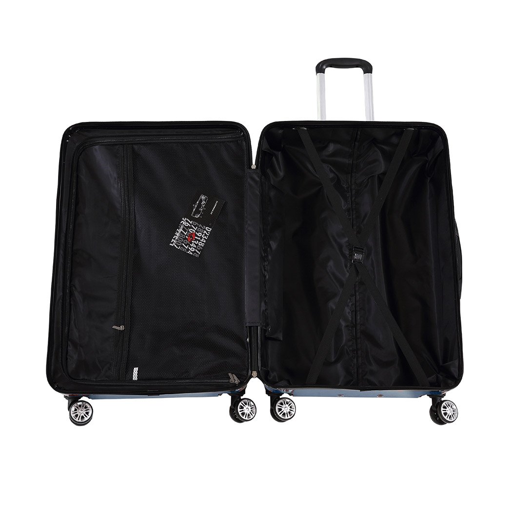 Three-piece suitcase luggage set in navy color, showcasing hard cover design and dual wheels for easy travel.