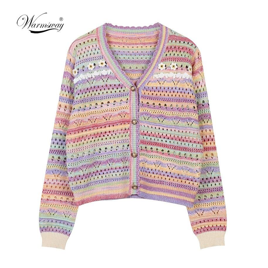 A stylish Summer Women Hollow Out Knitted Sweater featuring a floral pattern, V-neck collar, and loose fit, perfect for spring and autumn wear.