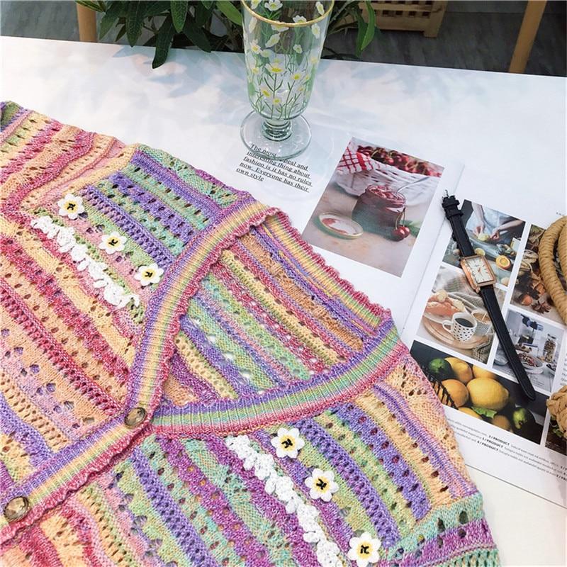 A stylish Summer Women Hollow Out Knitted Sweater featuring a floral pattern, V-neck collar, and loose fit, perfect for spring and autumn wear.