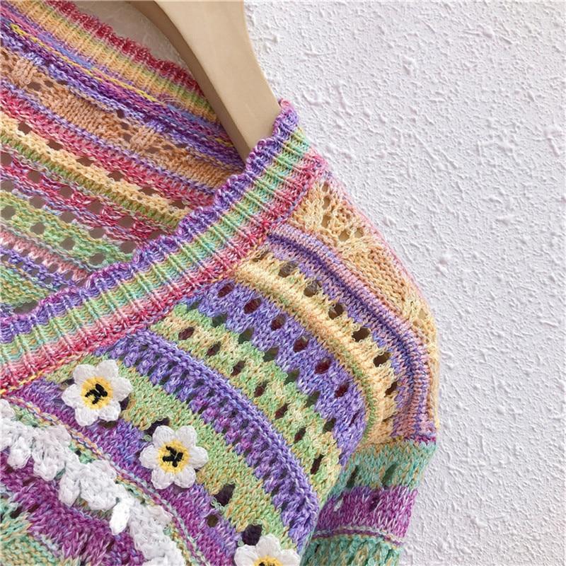 A stylish Summer Women Hollow Out Knitted Sweater featuring a floral pattern, V-neck collar, and loose fit, perfect for spring and autumn wear.