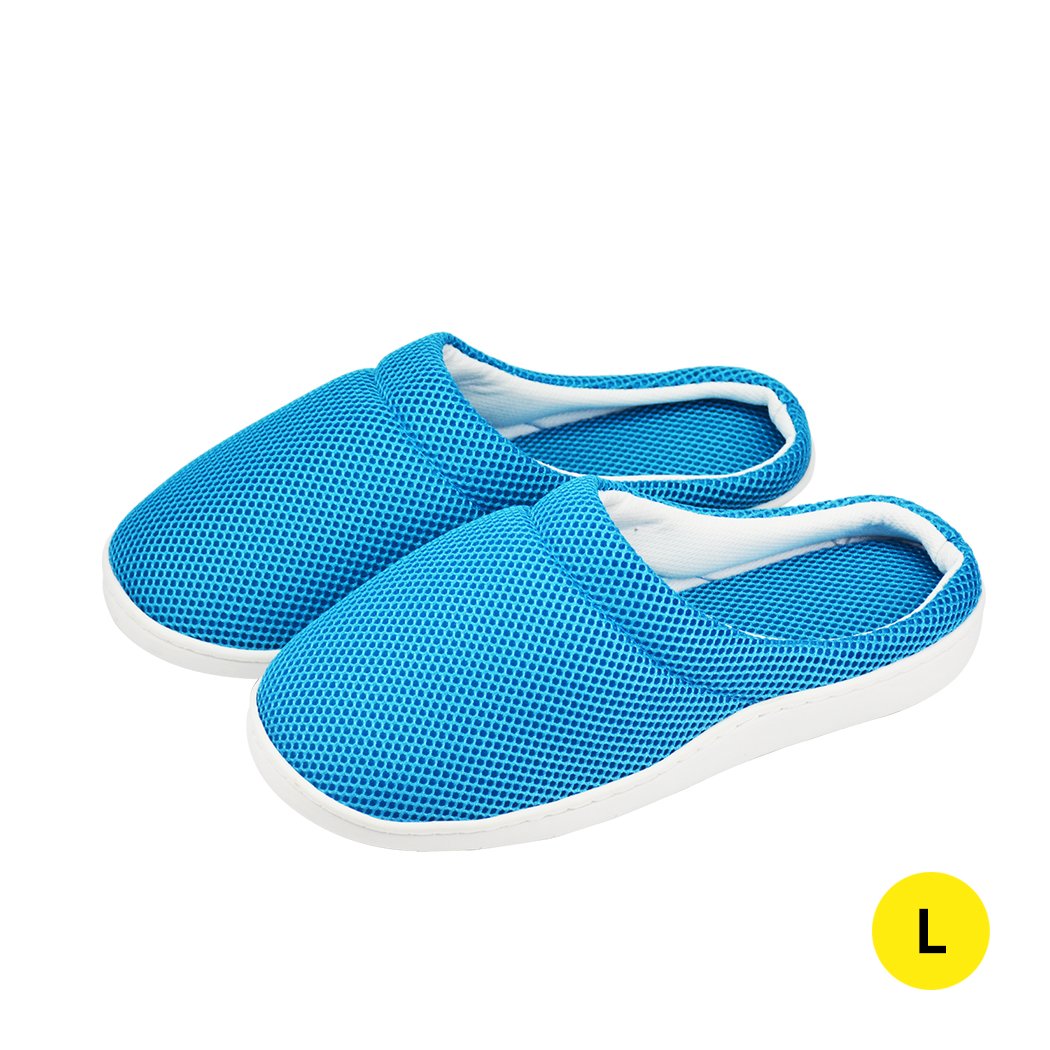 A pair of blue Summer Bamboo Cooling Gel Slippers designed for men and women, featuring a lightweight and anti-skid sole for comfort and style.