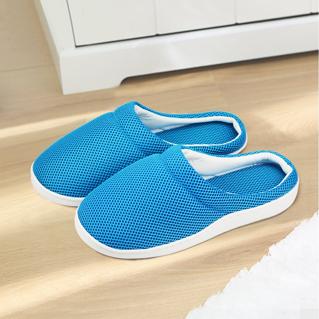 A pair of blue Summer Bamboo Cooling Gel Slippers designed for men and women, featuring a lightweight and anti-skid sole for comfort and style.