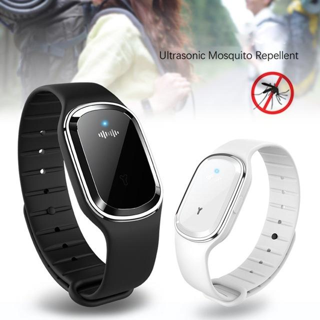 Super Shield Mosquito Repellent Watch Band in black and white, showcasing its sleek design and adjustable features.