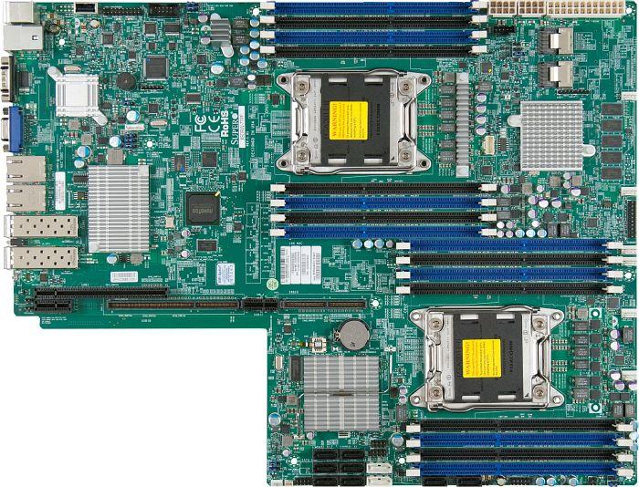 SUPERMICRO X9DRW-7TPF Server Motherboard showcasing dual socket R, multiple DIMM slots, and various connectivity ports.