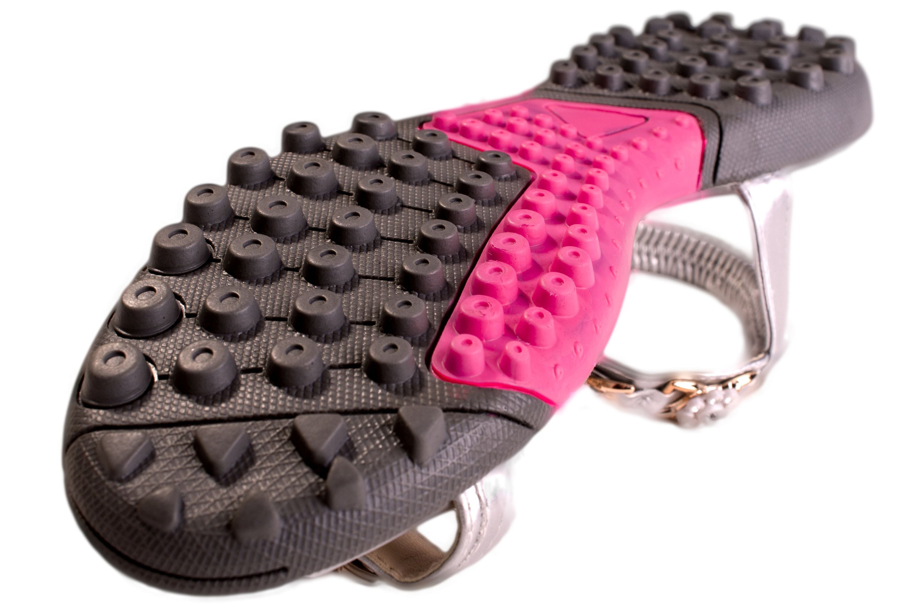 A pair of stylish Sweet Sandals featuring pink stitching and faux jewel embellishments, designed for comfort and versatility.