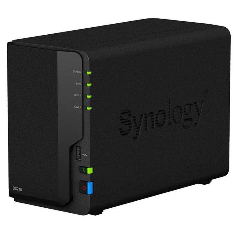 SYNOLOGY DiskStation DS218 2-Bay NAS with sleek design and ports for connectivity.