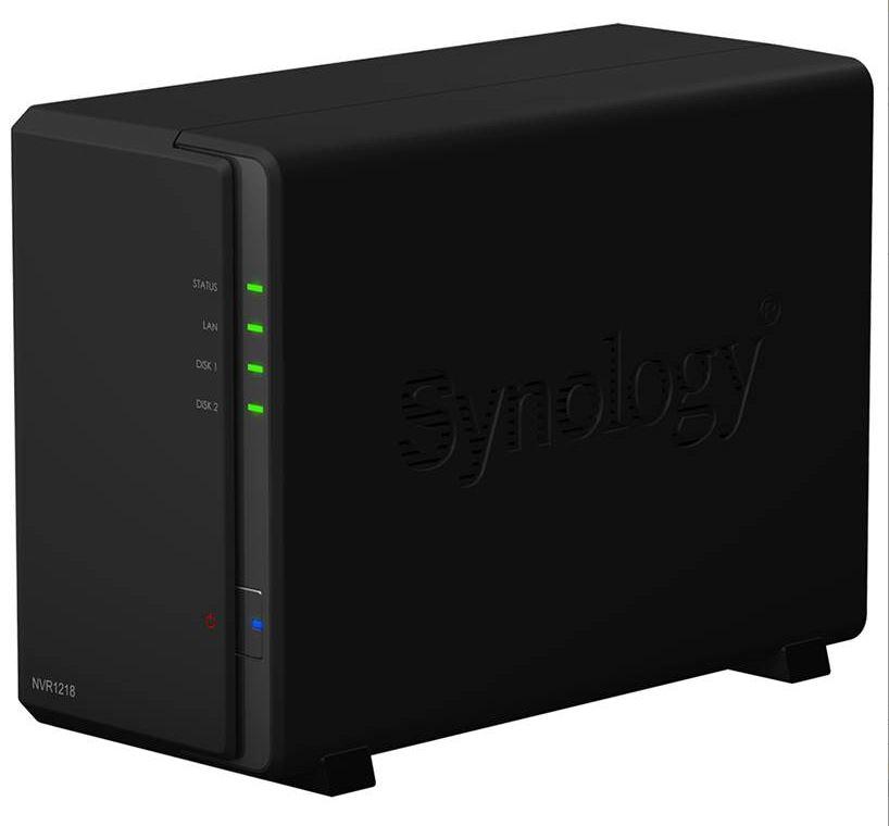 SYNOLOGY NVR1218 Network Video Recorder with HDMI output and dual-bay design for surveillance management.