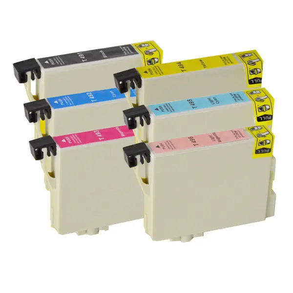 T0491-T0496 Compatible Inkjet Cartridge Set featuring six cartridges in vibrant colors including black, cyan, magenta, yellow, light cyan, and light magenta.