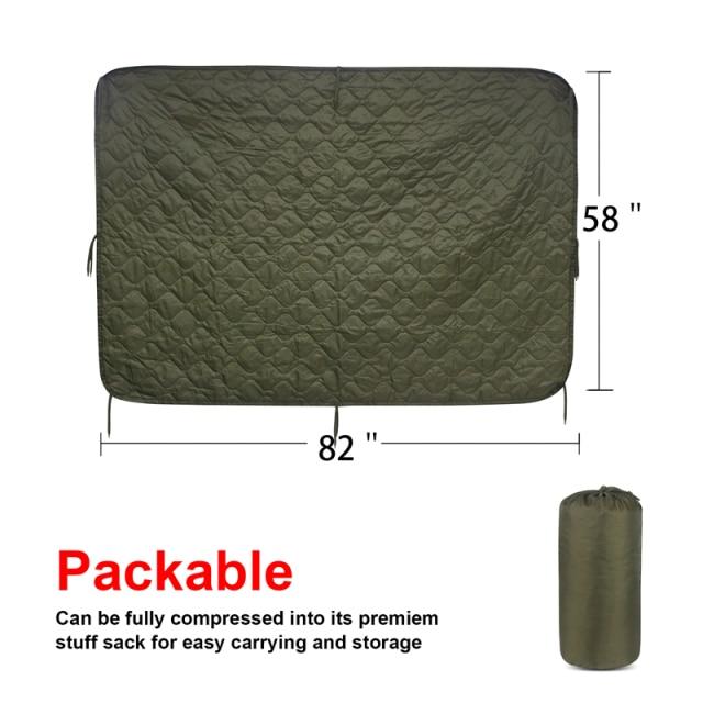 Tactical Army Poncho Liner in camouflage pattern, showcasing its water-repellent fabric and quilted design, ideal for outdoor activities.