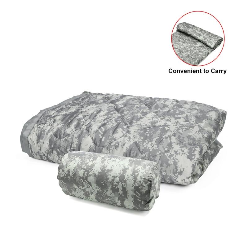 Tactical Army Poncho Liner in camouflage pattern, showcasing its water-repellent fabric and quilted design, ideal for outdoor activities.