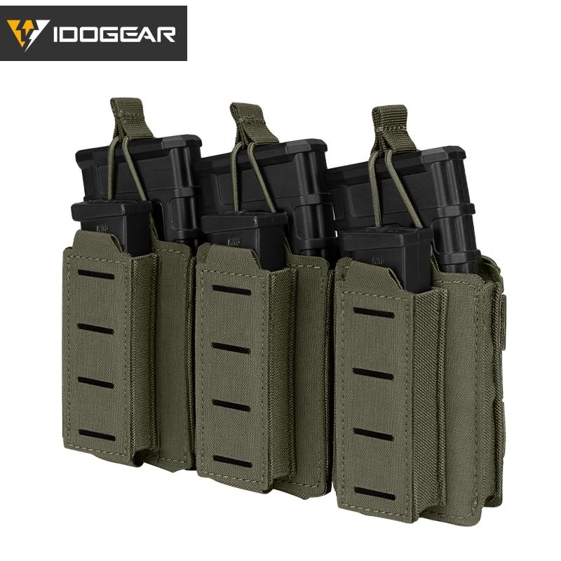 Tactical LSR 9mm 556 Mag Pouch in various colors, showcasing its triple mag carrier design and MOLLE compatibility.