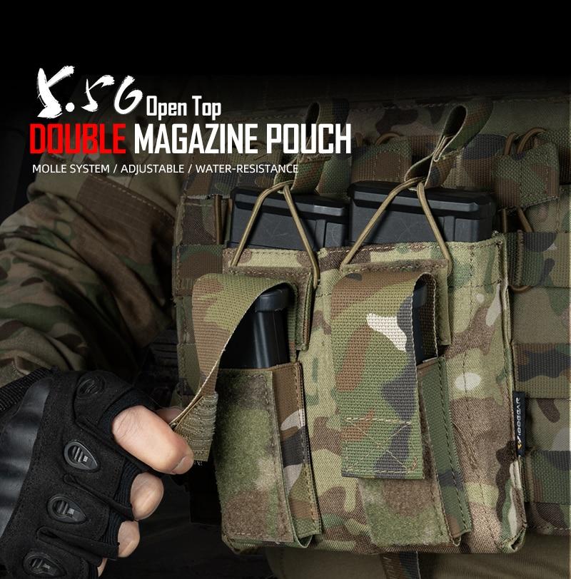 Tactical Magazine Pouch in Multicam color, designed for 5.56 and pistol magazines, featuring double open top and MOLLE compatibility.